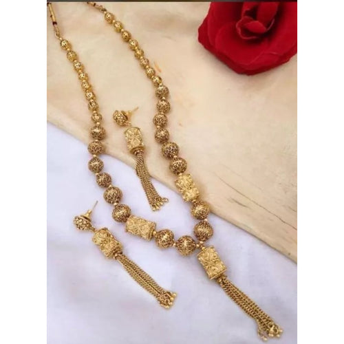 Elegant Gold Beaded Tassel Necklace - Traditional Indian Long Chain Jewelry, Traditional Indian Wedding Jewelry (Set of 2)