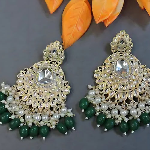 Exquisite Kundan-Inspired Chandelier Earrings, Pearl and Green Accents, Traditional Indian Wedding Jewelry (Set of 1)