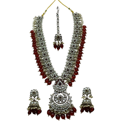 Long Necklace Set, Maroon Beads - Traditional Indian Wedding Jewelry  Earrings & Tikka, Traditional Indian Wedding Jewelry (Set of 2)