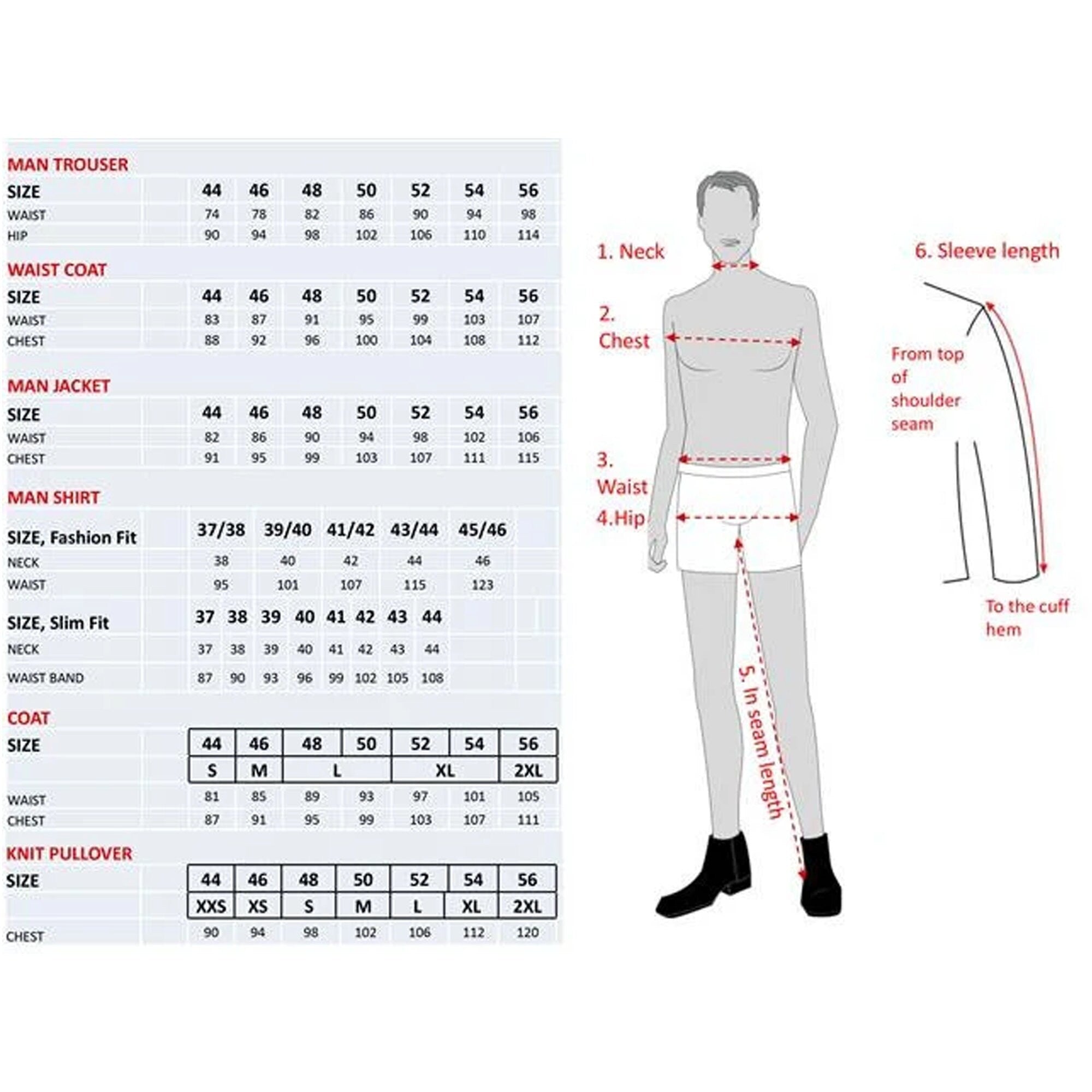 Men's jungle green 2-piece business suit sizing chart for custom-made formal wear.