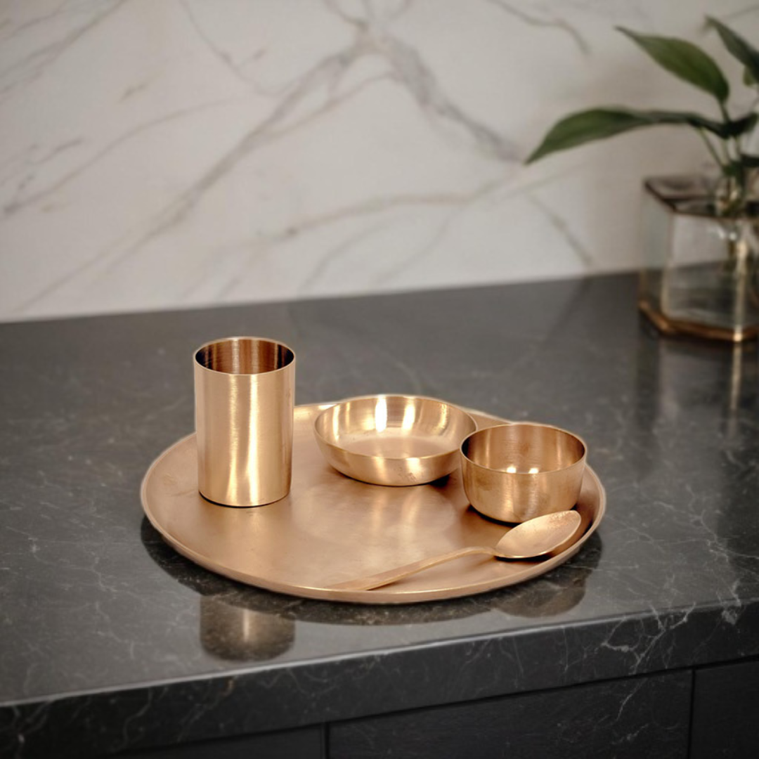 Service de table Luxe Pure Kansa | Vaisselle en bronze fabriquée à la main | 5 photos - Assiette, bol, bol à dessert, cuillère et verre