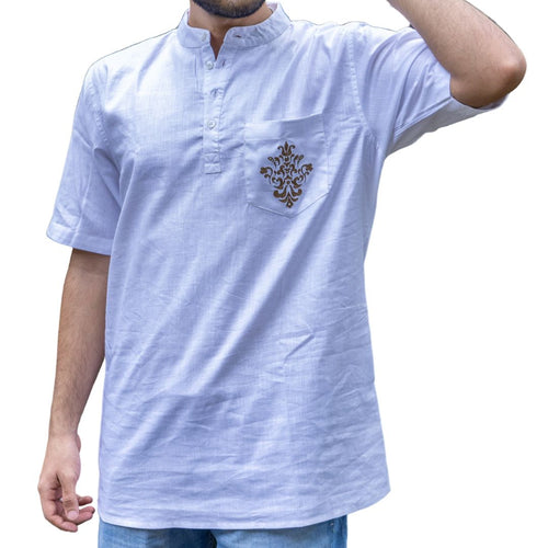 Embroidered Floral Kurta, Short Sleeve Kurta, Traditional Men's Shirt, Comfortable Cotton Linen Blend Shirt, Shirt for Traditional Wear (Size 40, Brown & White)