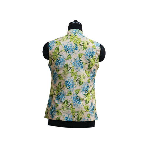 Ivory Nehru Jacket with Blue and Green Floral Print | Elegant Sleeveless Vest for Weddings & Festive Events