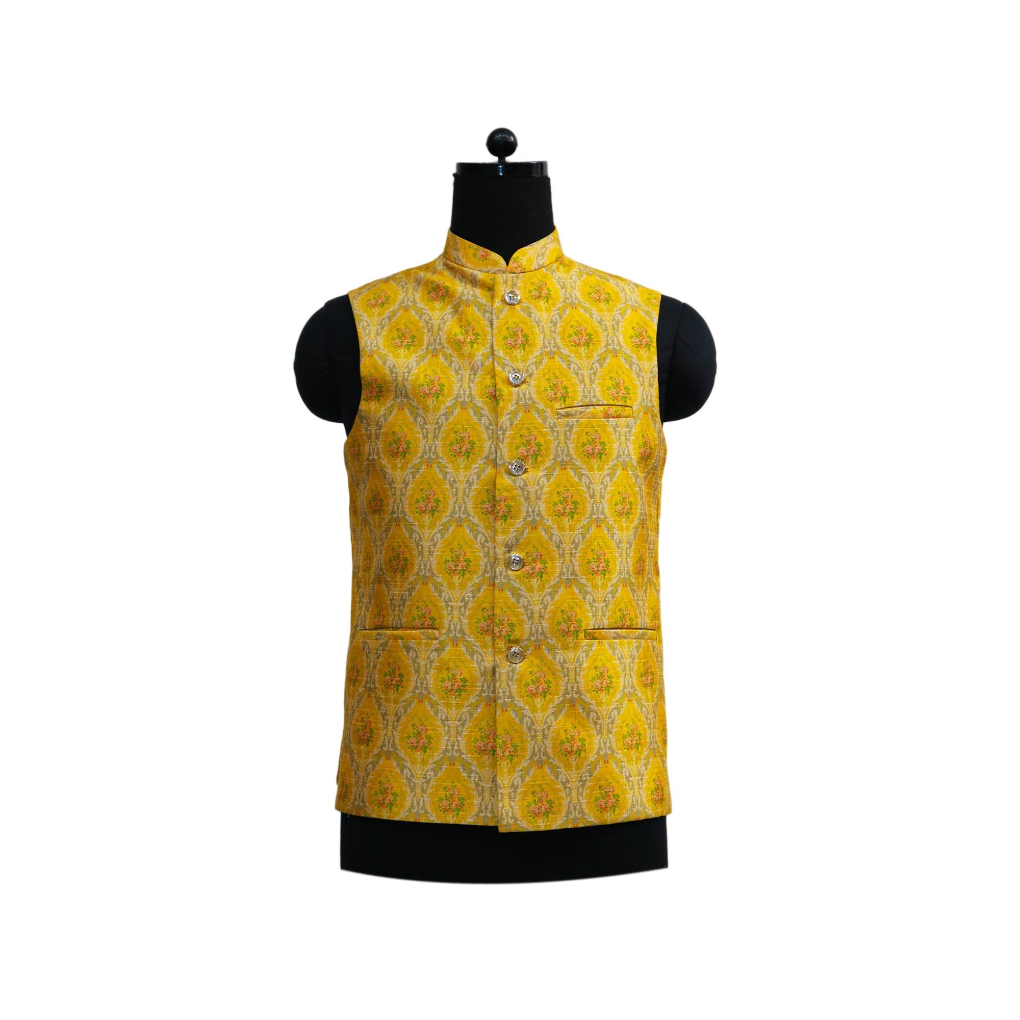 Yellow floral Nehru jacket, an Indian ethnic vest, on a mannequin. Perfect for parties or special events.