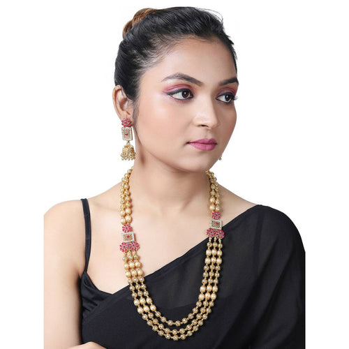 Antique Gold Ruby Floral Long Necklace Set, Traditional Jhumka Earrings | South Indian Temple Jewelry, Traditional Indian Wedding Jewelry (Set of 2)