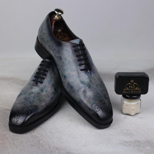 Eclipse Elegance: Grey Marble Patina, Goodyear Welted, Cushioned Footbed, Classic Style, Brogue Pattern, Hand-Finished Burnish, Handcrafted Detailing