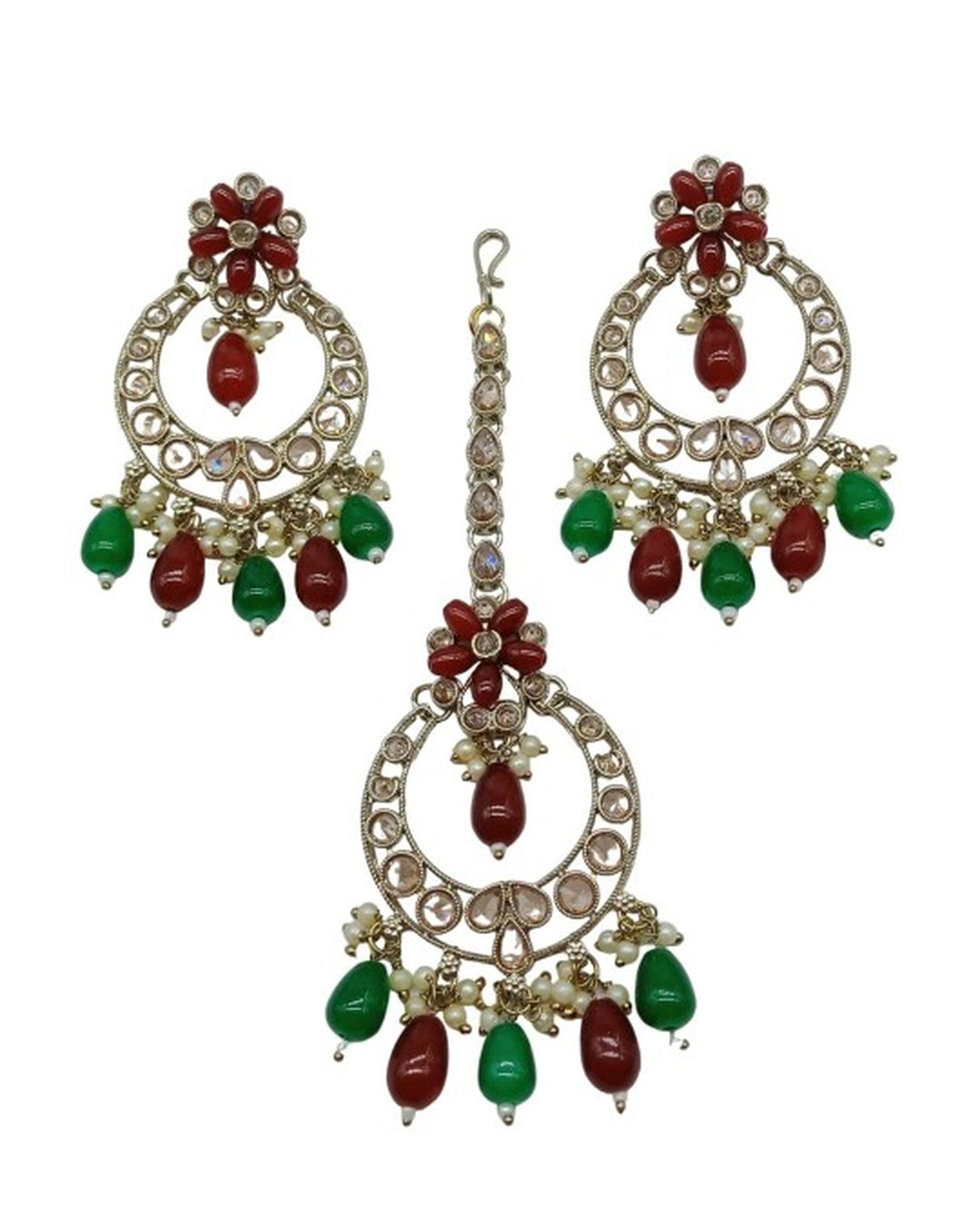 Elegant Green Red and Gold Indian Jewelry Set - Necklace, Earrings, and Maang Tikka, Traditional Indian Wedding Jewelry (Set of 2)