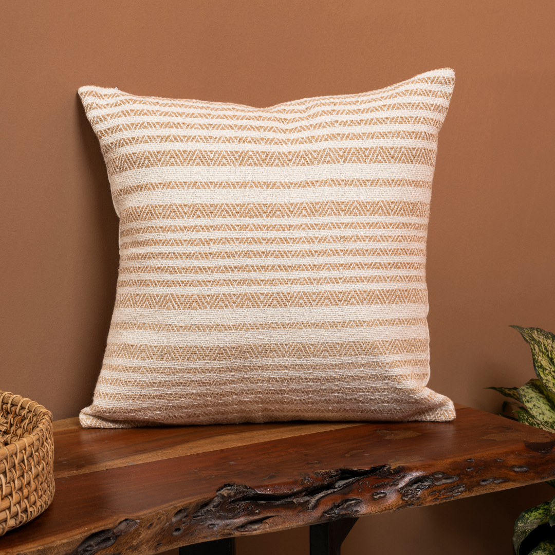 Parallel Cotton Beige Cushion Cover with Zipper Closure | Handwoven Cotton Pillowcase for Living room Decor