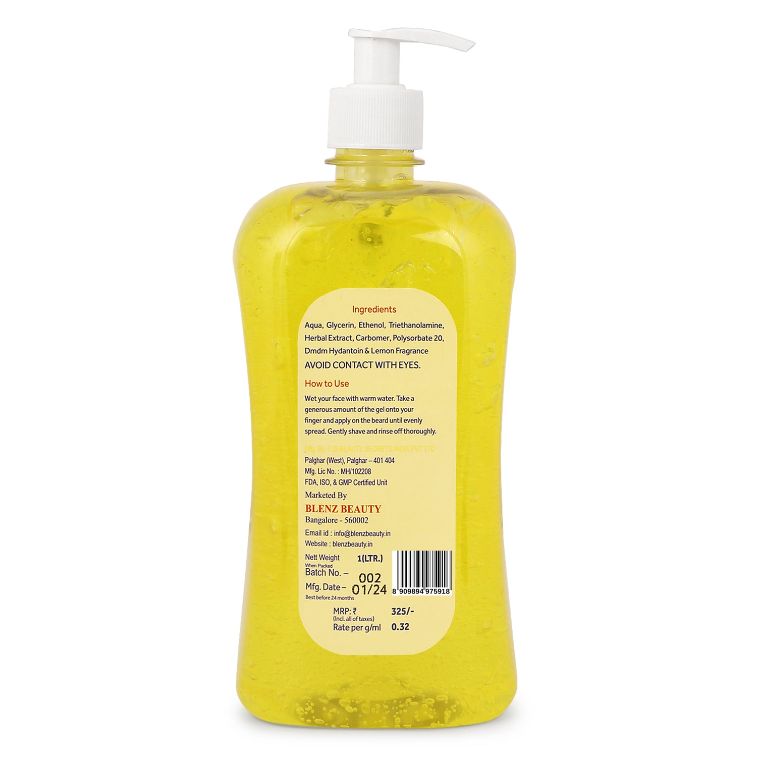 Lemon Shaving Gel for Men, Non-Foaming & Refreshing Formula, Soothing Grooming Gel, Sulphate and Paraben Free (1L)