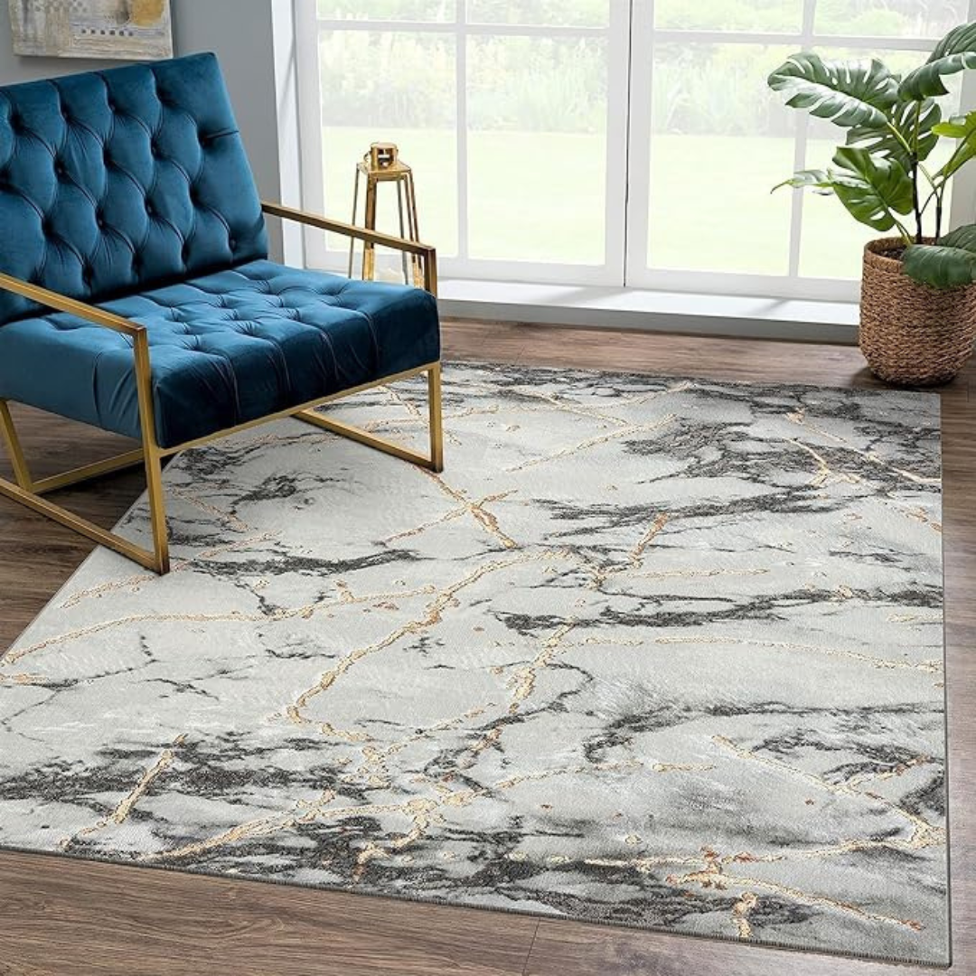 bellolin Washable Area Rug | Non-Slip Carpet for Living Room, Foldable Floor Cover, Indoor Floor Rug, Machine Washable Rug for Bedroom & Office - Marble Ivory