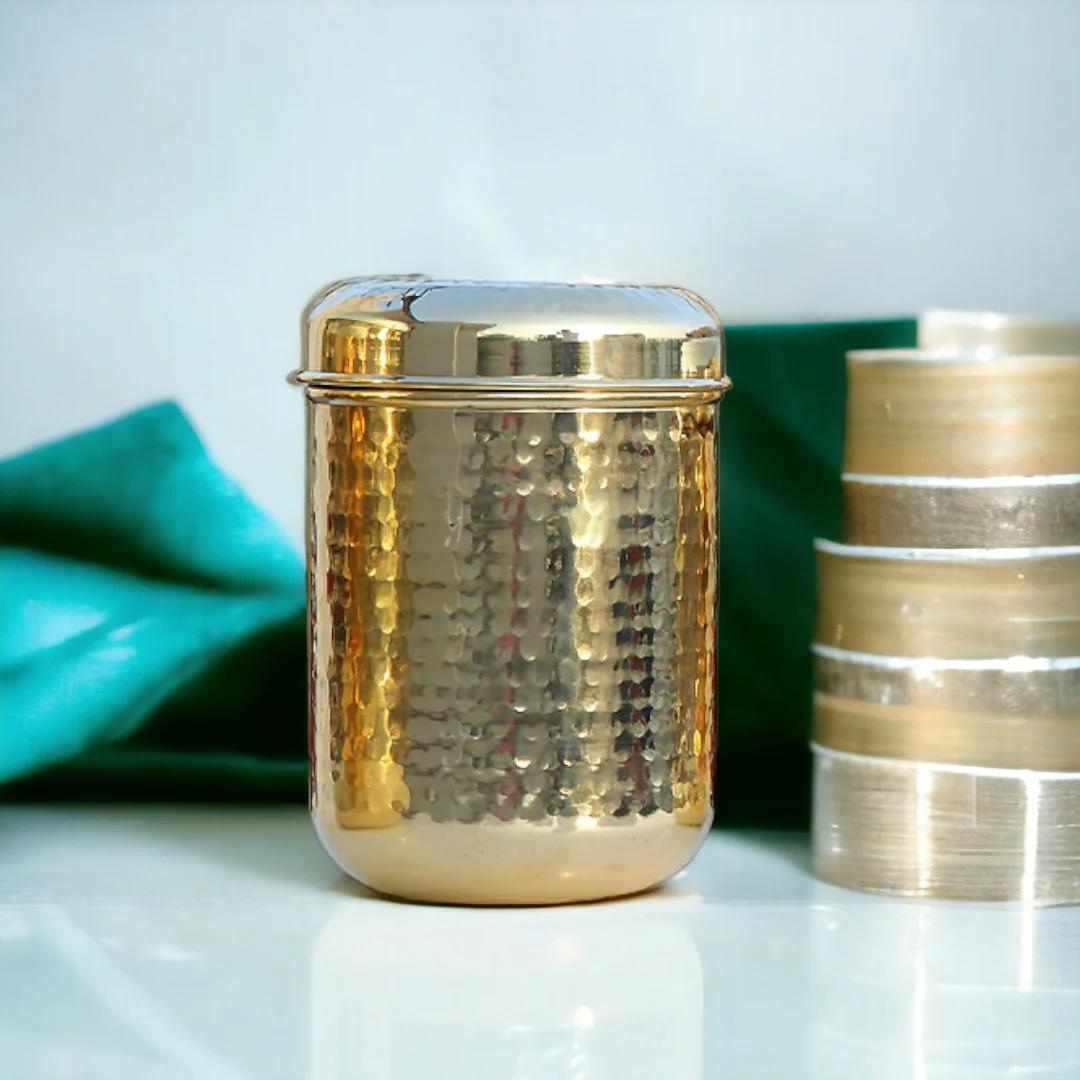 Pure Brass Storage Container for Kitchen | Handcrafted Brass Container with Airtight Lid | 300 ML