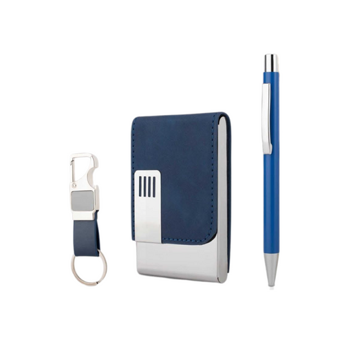 Grace Premium 3-in-1 Gift Set with Metal Pen, Card Holder & Keychain | Corporate Gift for Entrepreneurs & Employees - Blue