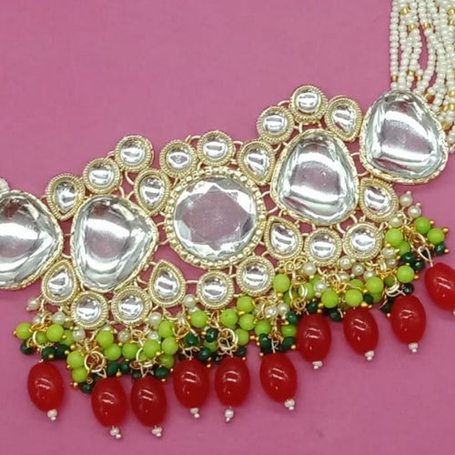 Festive Red & Green Kundan Choker Set - Traditional Pearl String Necklace, Christmas Colors & Matching Earrings Tikka Set, Traditional Indian Wedding Jewelry (Set of 2)