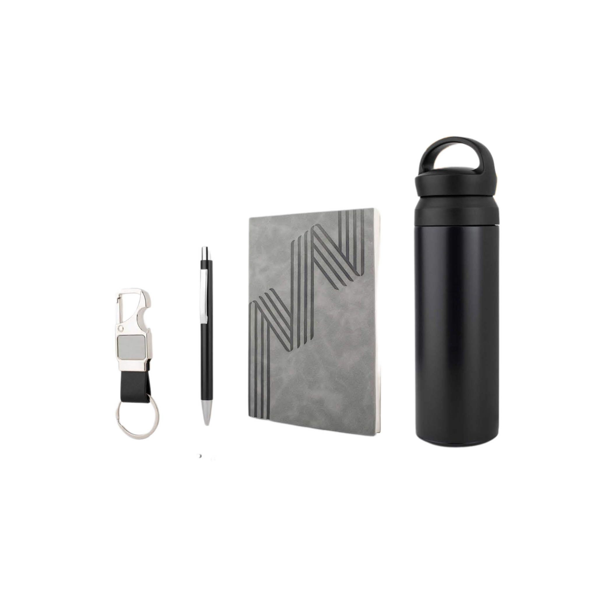 Polished Corporate Gift Set with A5 Journal Notebook, Premium Metal Pen, Bottle & Metal Keychain | 4-in-1 Customizable Gift Set for Executives, Travelers & Special Occasions (Dark Grey, 192 Pages)