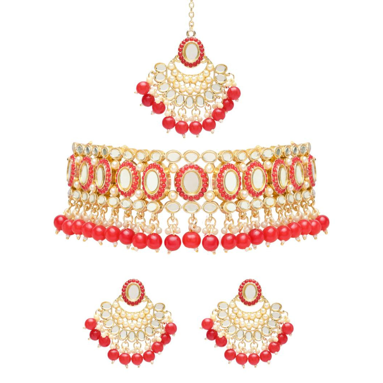 Luxury Pearl Kundan Choker Set, Earrings & Maang Tikka - Traditional Indian Bridal Jewelry Collection, Indian Wedding Jewelry (Set of 2)