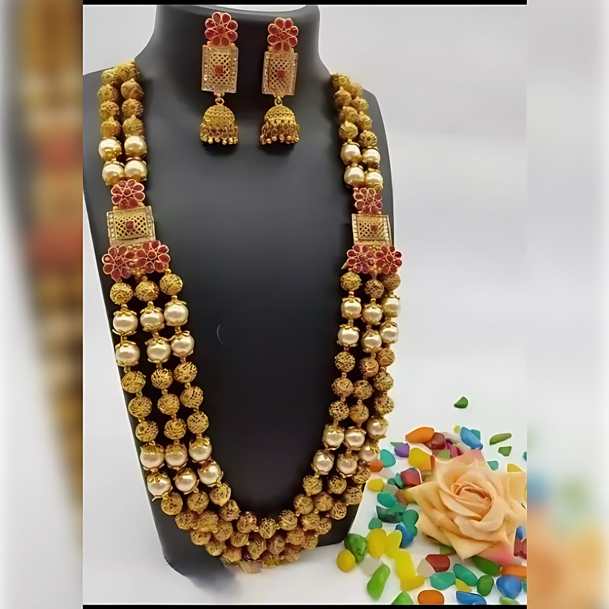 Traditional Gold Plated Long Haram Necklace Set, Pearls and Floral Design – Indian Bridal Jewelry, Traditional Indian Wedding Jewelry (Set of 2)