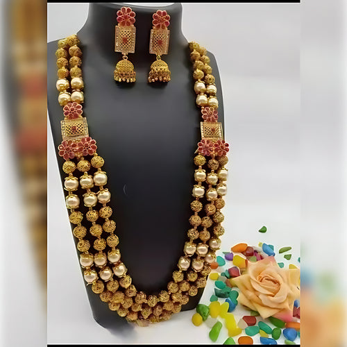 Traditional Gold Plated Long Haram Necklace Set, Pearls and Floral Design â€“ Indian Bridal Jewelry, Traditional Indian Wedding Jewelry (Set of 2)