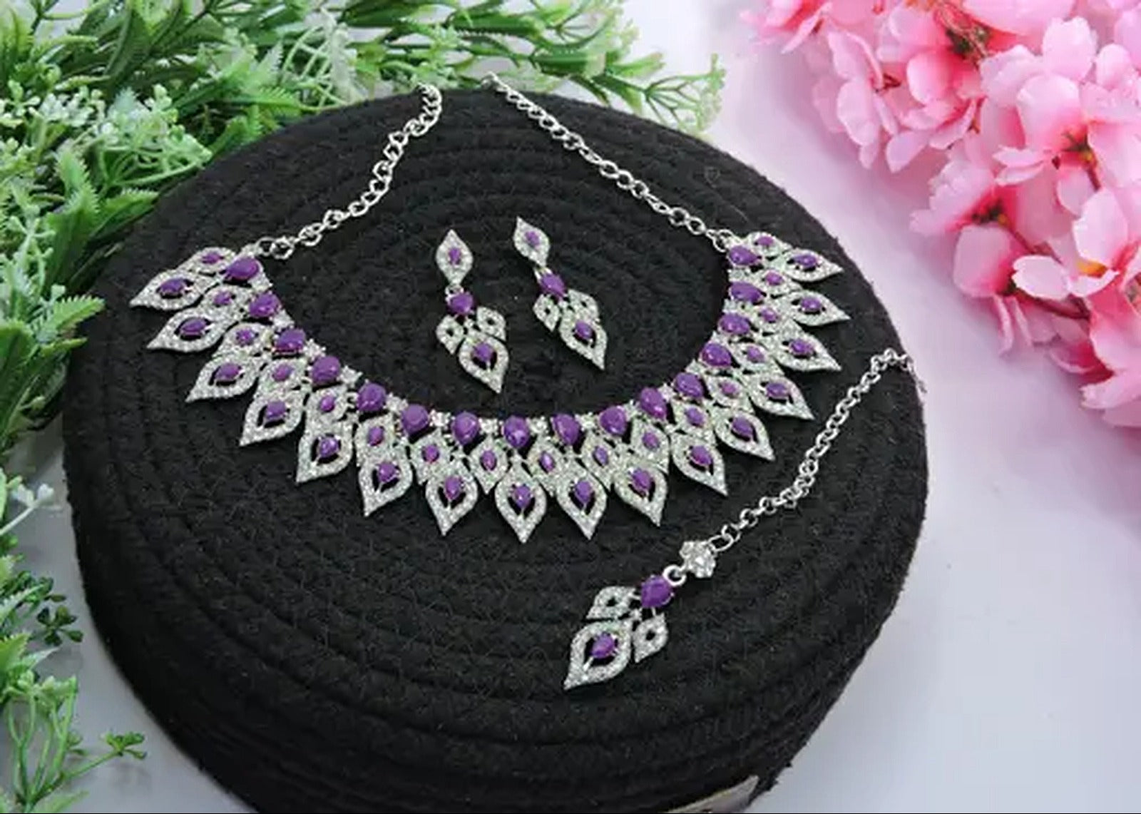 Elegant Purple Gemstone Jewelry Set, Traditional Indian Wedding Jewelry (Set of 2)