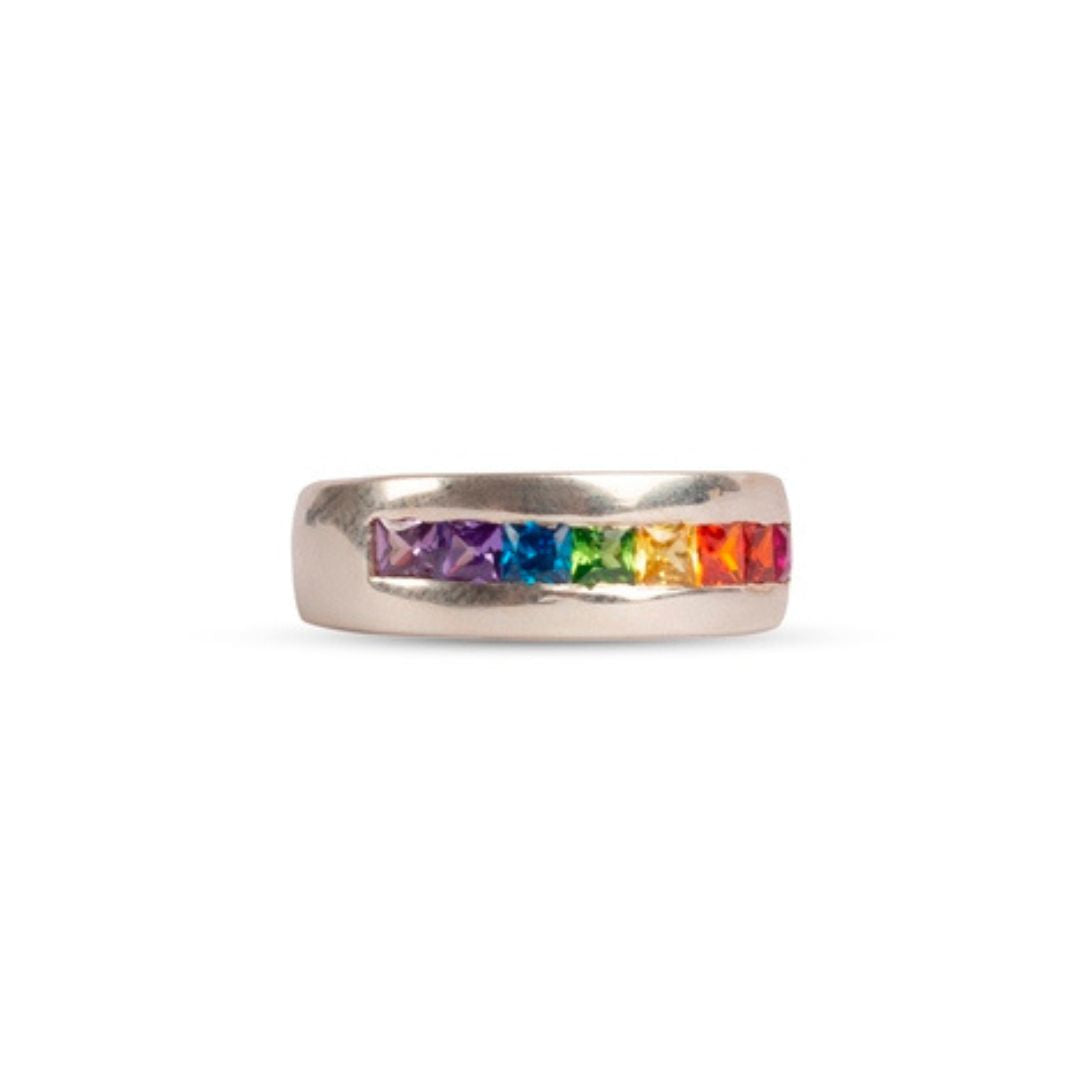 Sterling Silver Rainbow Signet Ring - Handcrafted Loveband with Colored Stones, LGBTQ+ Pride, Engagement & Wedding Band, Unisex Gift for Partner, Spouse, or Friend