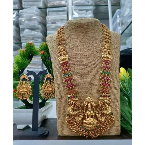 Regal Gold-Plated Lakshmi Temple Jewelry Set - Antique Finish Long Necklace and Jhumka Earrings, Traditional Indian Wedding Jewelry (Set of 2)