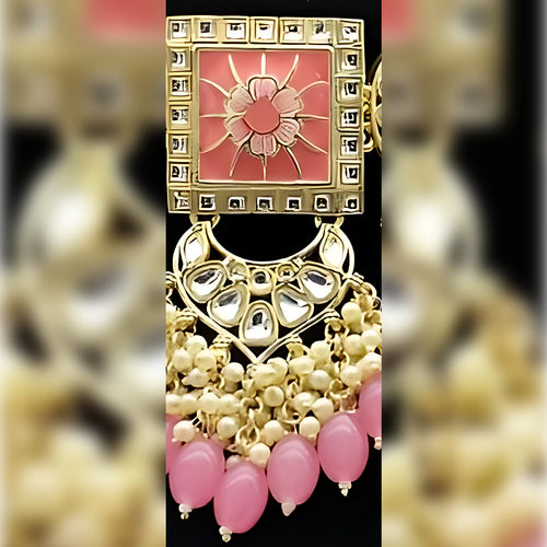 Regal Kundan Meena Necklace and Earrings Set, Pink Beads Exquisite Indian Bridal Jewelry Collection, Traditional Indian Wedding Jewelry (Set of 2)