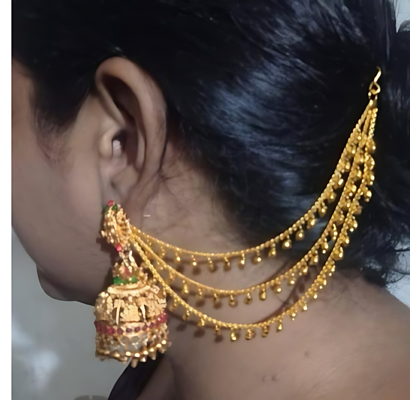 Antique Gold Temple Jhumka Earrings - Traditional South Indian Wedding Jewelry Set, Ear Chain, Traditional Indian Wedding Jewelry (Set of 1)