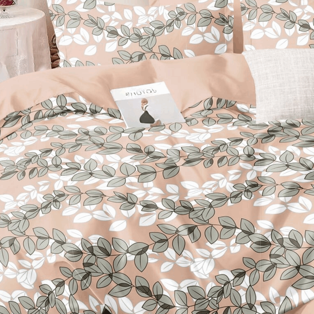 Beige Floral Queen Size Polyester Bed Sheet with 2 Pillow Covers | Wrinkle-Resistant Fitted Bedding Set