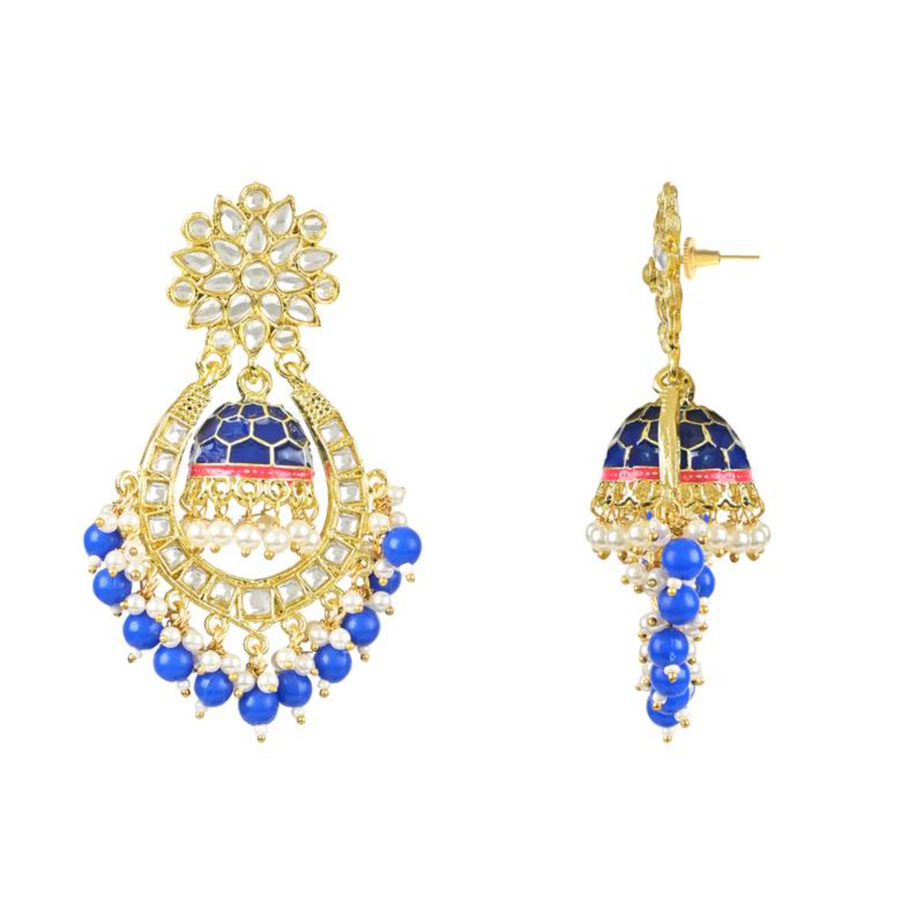 Royal Blue and Gold-Plated Kundan Chandbali Earrings – Traditional Indian Jhumka Earrings, Pearls, Traditional Indian Wedding Jewelry (Set of 1)