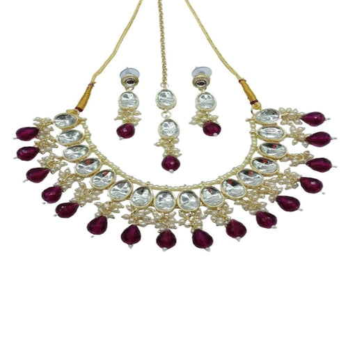 Elegant Kundan Choker Set, Ruby Drops and Matching Earrings & Tikka, Traditional Indian Wedding Jewelry - Set of 2