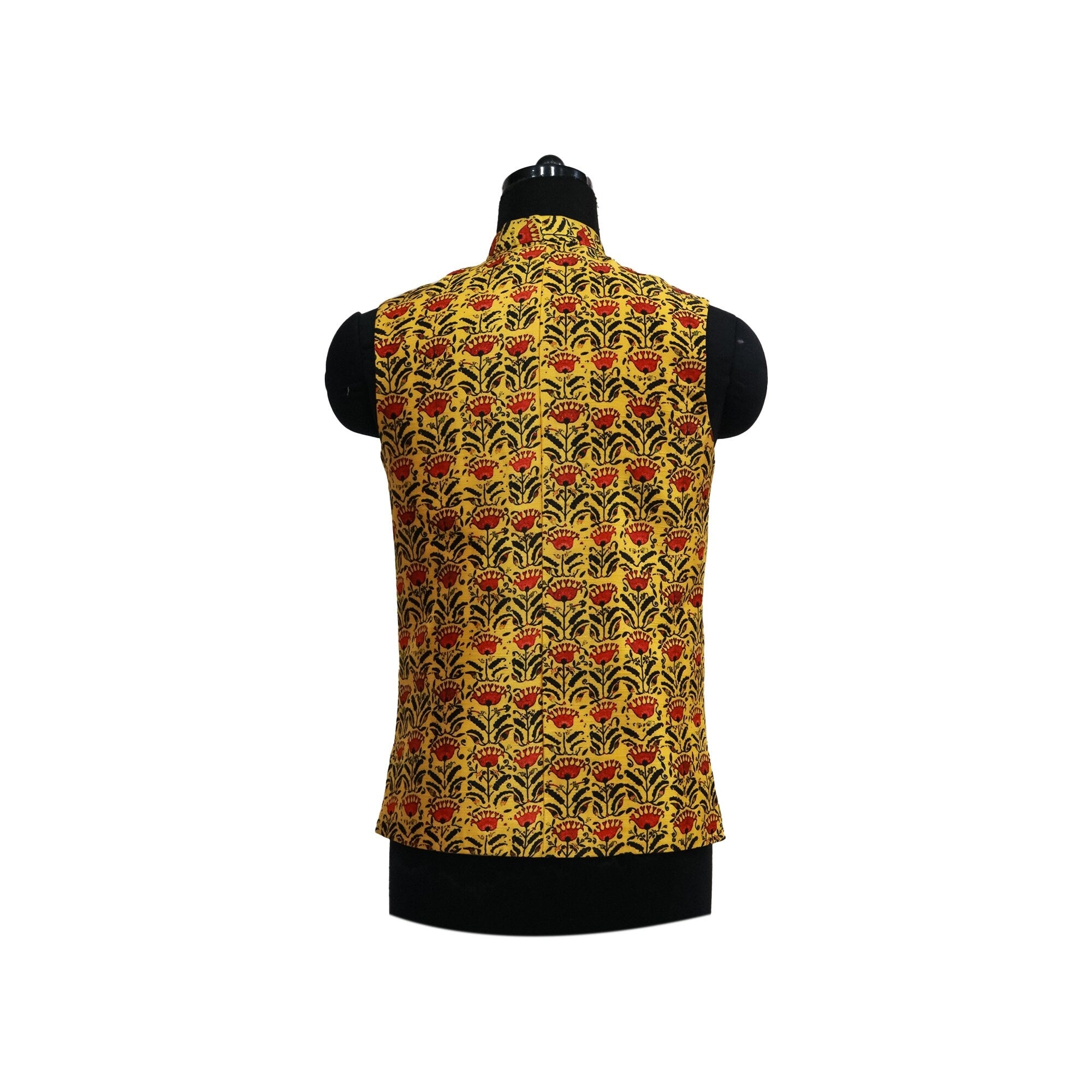 Yellow floral patterned Nehru jacket, shown on mannequin from the back, perfect for party wear.