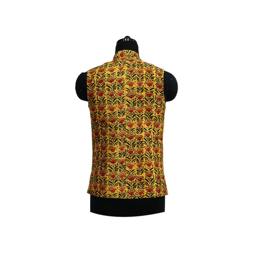 Yellow Nehru Jacket with Red and Black Floral Print | Stylish Sleeveless Vest for Weddings & Festive Events