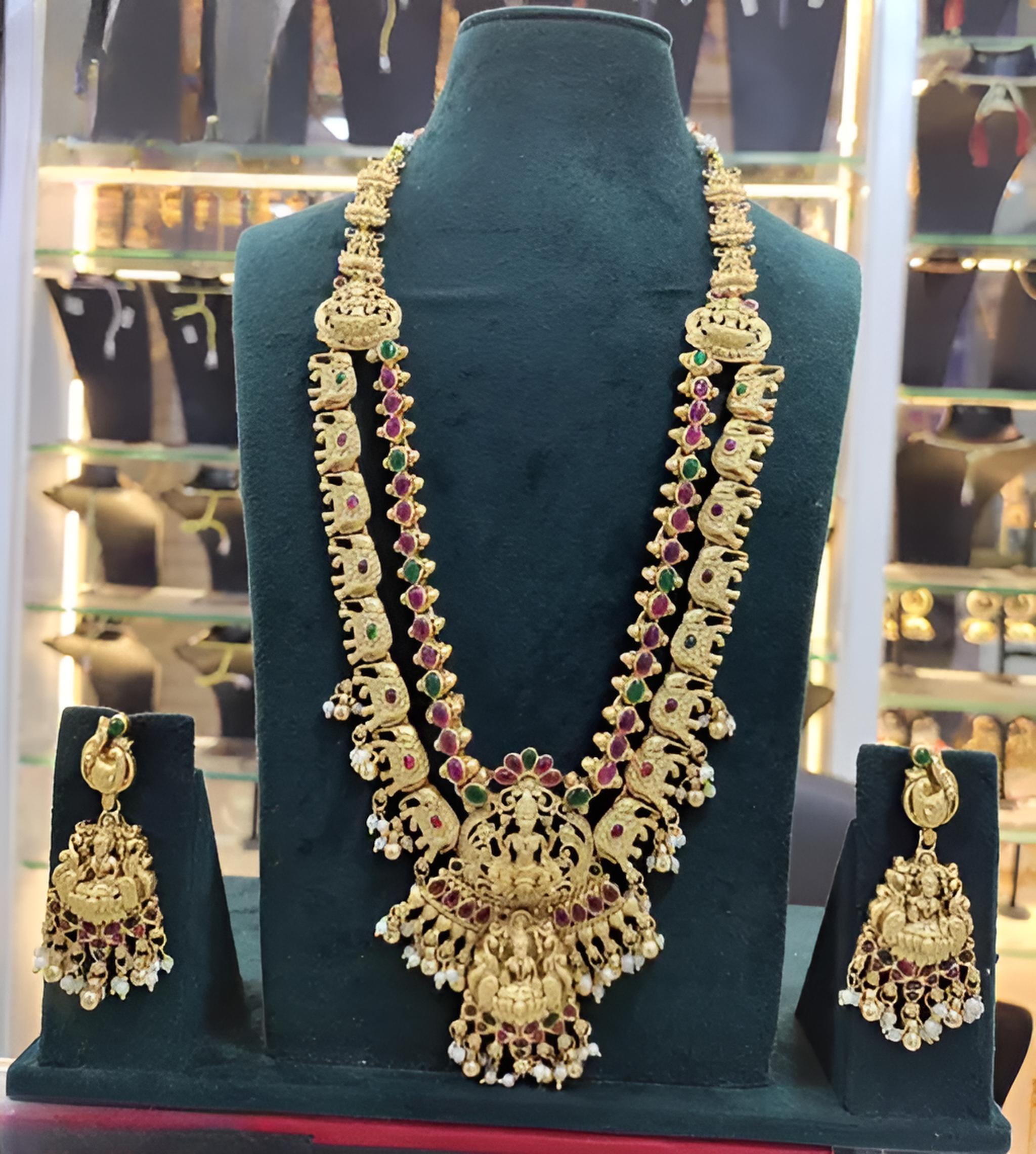 Exquisite Gold-Plated Bridal Necklace and Earrings Set, Ruby and Emerald Accents, Traditional Indian Wedding Jewelry (Set of 2)