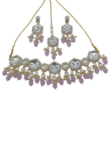 Elegant Kundan-Style Purple and White Necklace, Earrings, and Tikka Set, , Traditional Indian Wedding Jewelry (Set of 2)