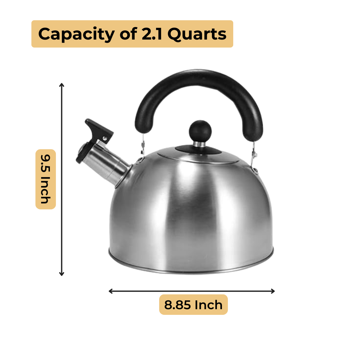 Stainless Steel Whistling Tea Kettle for Camping & Indoor Use | Fast Boiling Water Kettle with Heat-Resistant Ergonomic Handle | 2.1 Quart (2L) Capacity - Silver