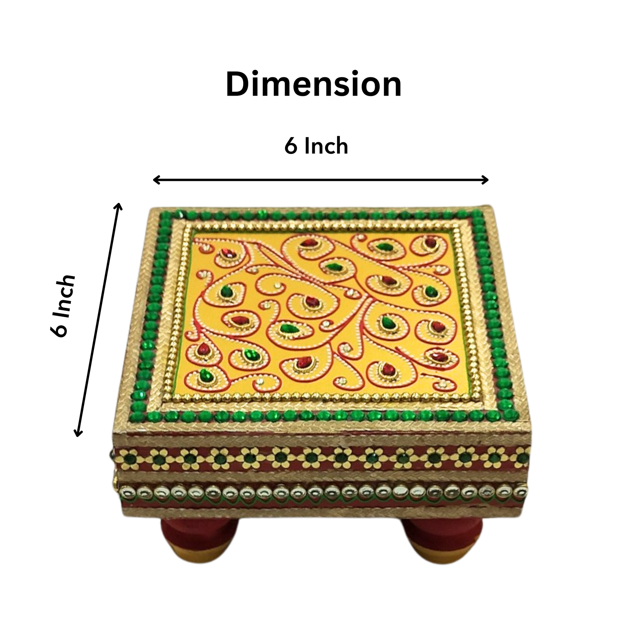 Hand-Painted Wooden Pooja Chowki with Peacock Feather Motifs | Lightweight Bajot with Bajot with Bead and Gemstone Detailing for Pooja Rooms -  6x6 Inches