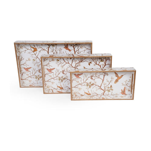 Decorative Nesting Trays with Handles, Bird Printed trays, Wooden Tray for Coffee Table, Rectangular shape, Serving trays for snacks (Off White - Set of 3)