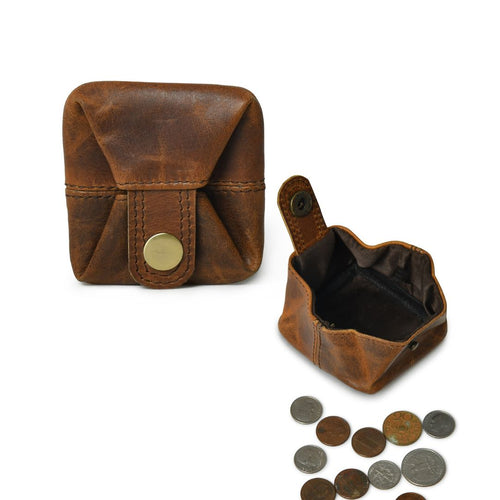 Schlanke Mini-Münztasche aus vollnarbigem Vintage-Leder in Braun für Männer und Frauen