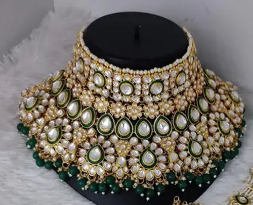 Luxurious Kundan Bridal Jewelry Set, Green Emerald Accents, Traditional Indian Wedding Jewelry (Set of 2)