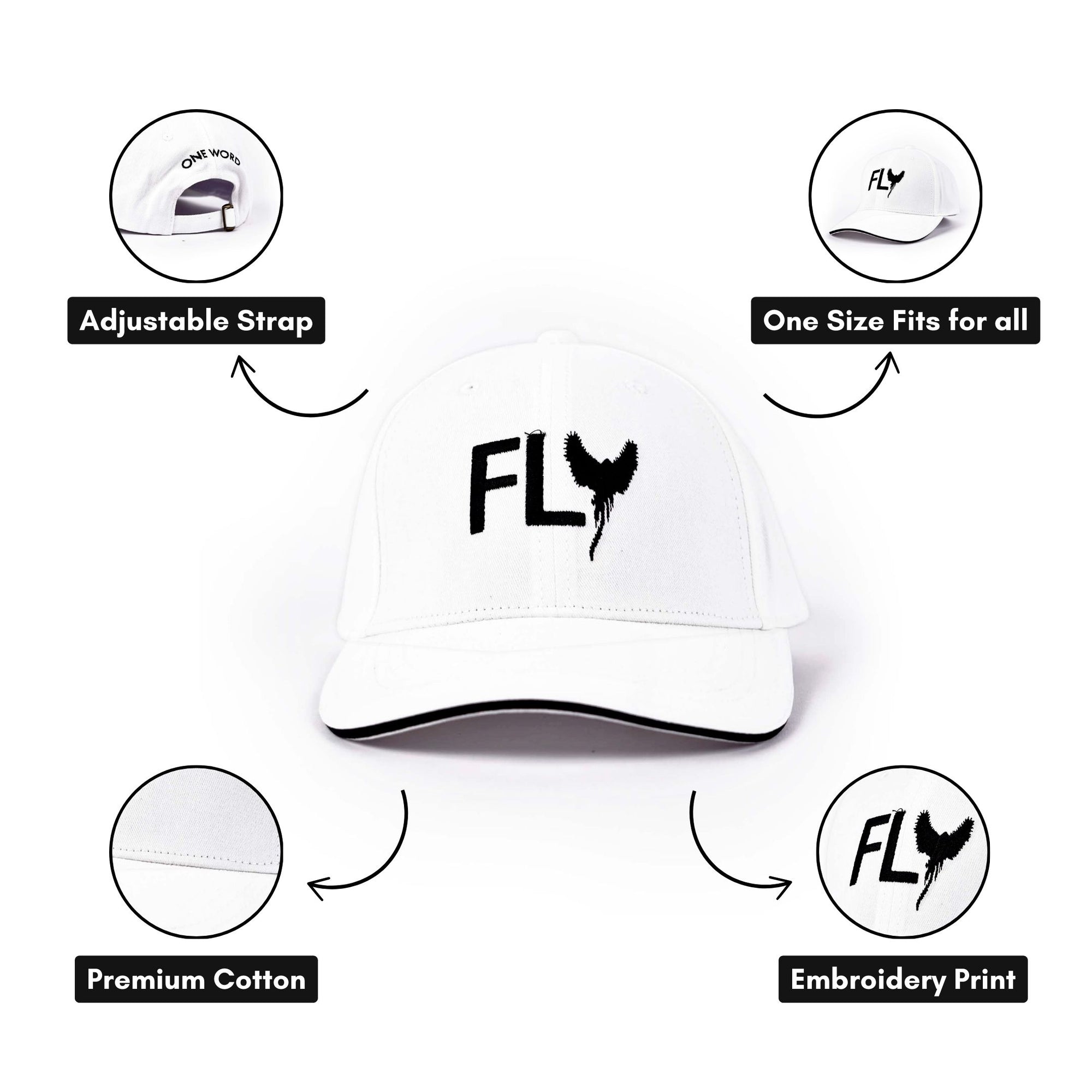 Oneword Baseball Cap Adjustable Size for Running Workouts and Outdoor Activities, Soft Cotton Cap ( White )