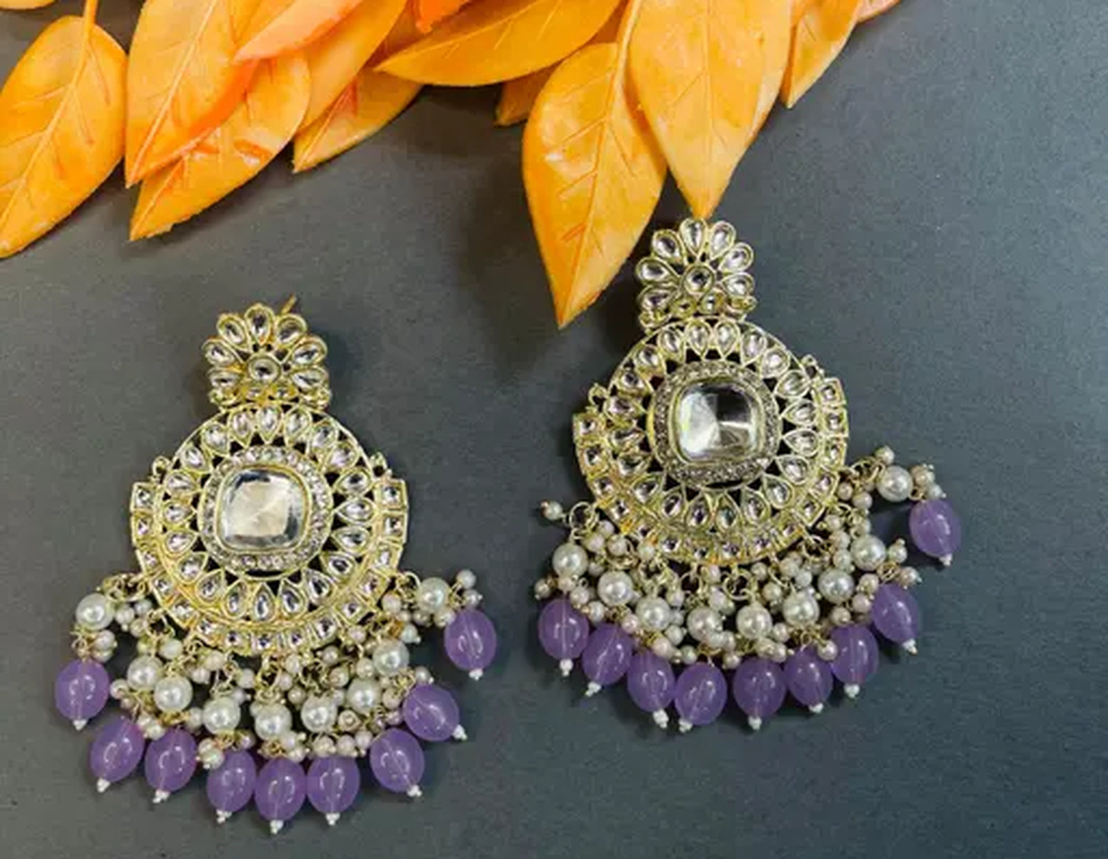 Exquisite Kundan-Inspired Chandelier Earrings, Pearl and Purple Accents, Traditional Indian Wedding Jewelry (Set of 1)