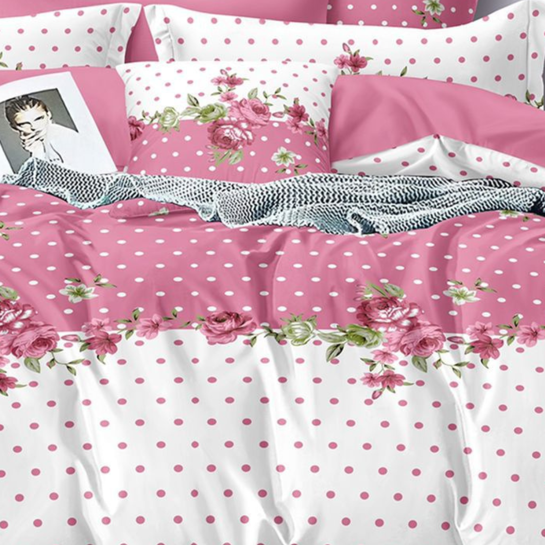 Pink Floral Polyester Bed Sheet Set with Polka Dot Pattern | Wrinkle-Resistant Queen Size Fitted Bedding with 2 Pillow Covers