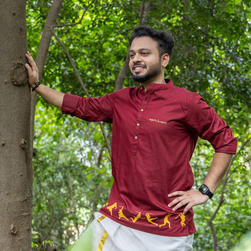 Kalaripayattu Loop Kurta, Short Sleeve, Traditional Kerala Shirt, Men's Festive Wear, Comfortable Cotton Kurta (Size 38, Maroon)