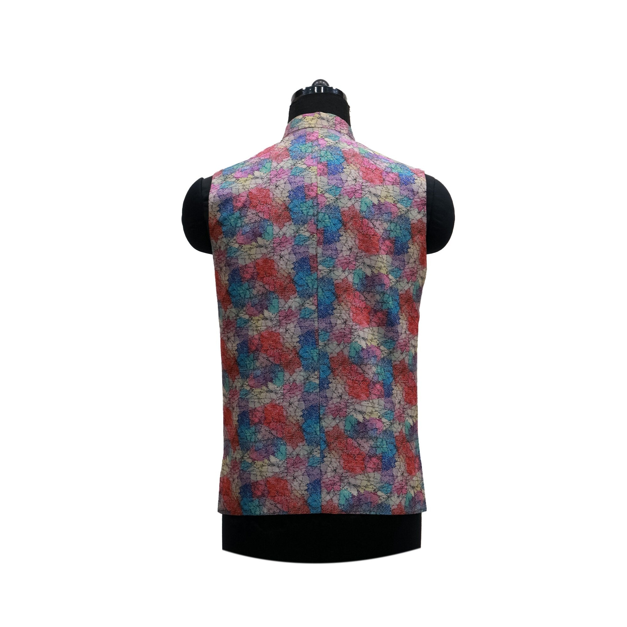 Handmade floral Nehru jacket, back view. The jacket is red, blue, and purple with a vintage floral print.