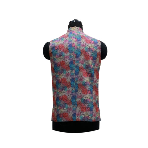 Multicolor Digital Print Nehru Jacket with Front Pockets | Artistic Sleeveless Vest for Festive and Casual Wear