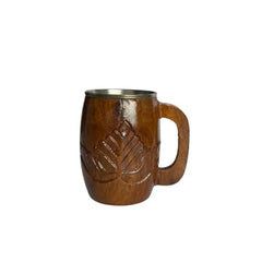 Flower Carved Wooden Steel Mug with Easy-Grip Handle | Eco-Friendly Coffee Mug for Hot & Cold Drinks