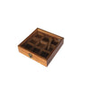 Wooden spice box with six compartments and a spoon, featuring a clear glass lid for easy viewing.