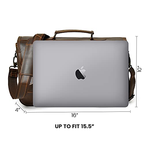 Classic brown leather laptop bag with adjustable shoulder strap, shown fitting a 15.5" laptop.