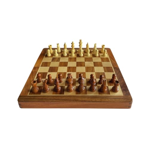 Foldable wooden chess board with magnetic pieces set up and ready for a game of chess.