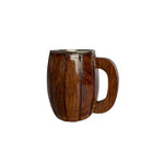 Rustic brown Stripe Design Wooden Steel Mug with a steel rim and a sturdy wooden handle.