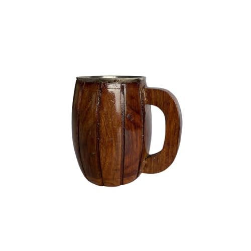 Stripe Design Wooden Steel Mug with Double-Walled Insulation | Eco-Friendly Coffee Mug with Wooden Handle for Hot & Cold Drinks